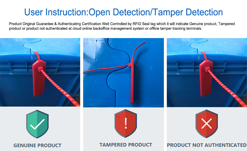 User Instruction:Open Detection/Tamper Detection Product Original Guarantee & Authenticating Certification Well Controlled by RFID Seal tag which it will indicate Genuine product, Tampered product or product not authenticated at cloud online backoffice management system or offline tamper tracking terminals.