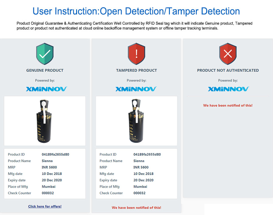用户使用说明:打开检测/篡改检测产品原装保证及认证认证由RFID密封标签控制，在云在线后台管理系统或离线篡改跟踪终端上显示正品、篡改产品或未认证产品