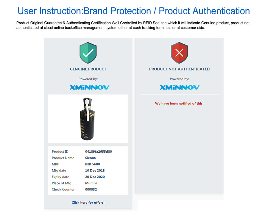 产品原始保证和认证认证由RFID印章标签控制，它将表明正品，产品未经认证的云在线后台管理系统，无论是在每个跟踪终端或客户端。